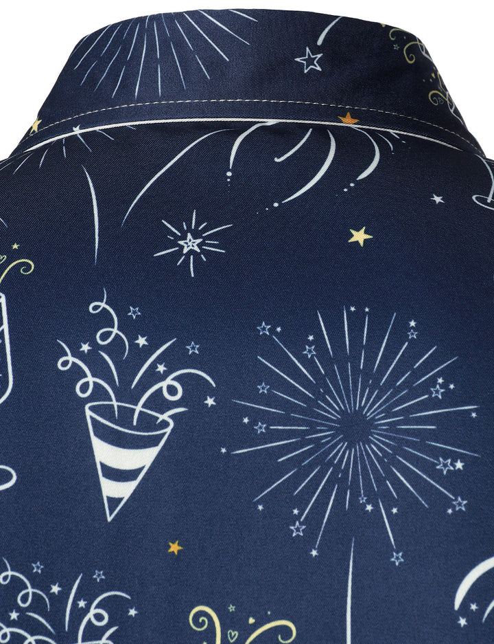 Herrar Fyrverkeri Semester Nyår Fest Knap-Op Blå Långärmad Skjorta