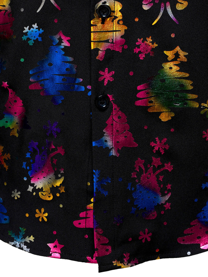 Herre Guld Jul Print Regular Fit Svart Långärmad Skjorta