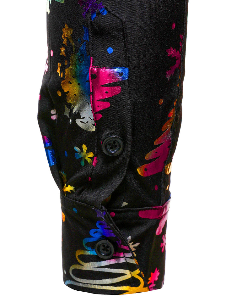 Herre Guld Jul Print Regular Fit Svart Långärmad Skjorta