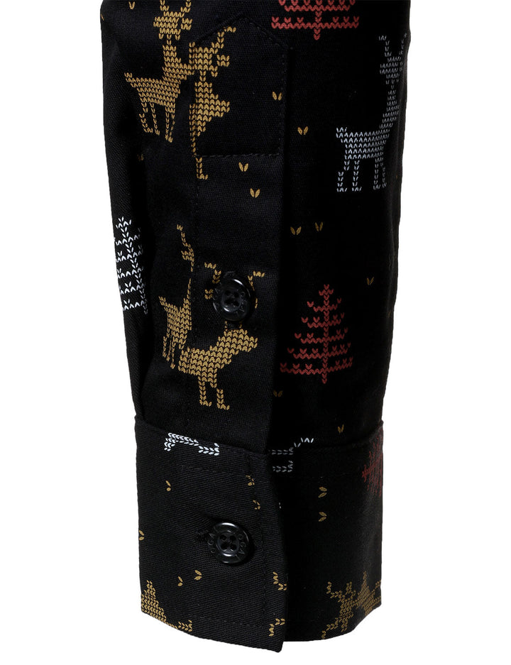 Herre Juletræ Elg Print Andningsbar Svart Långärmad Skjorta