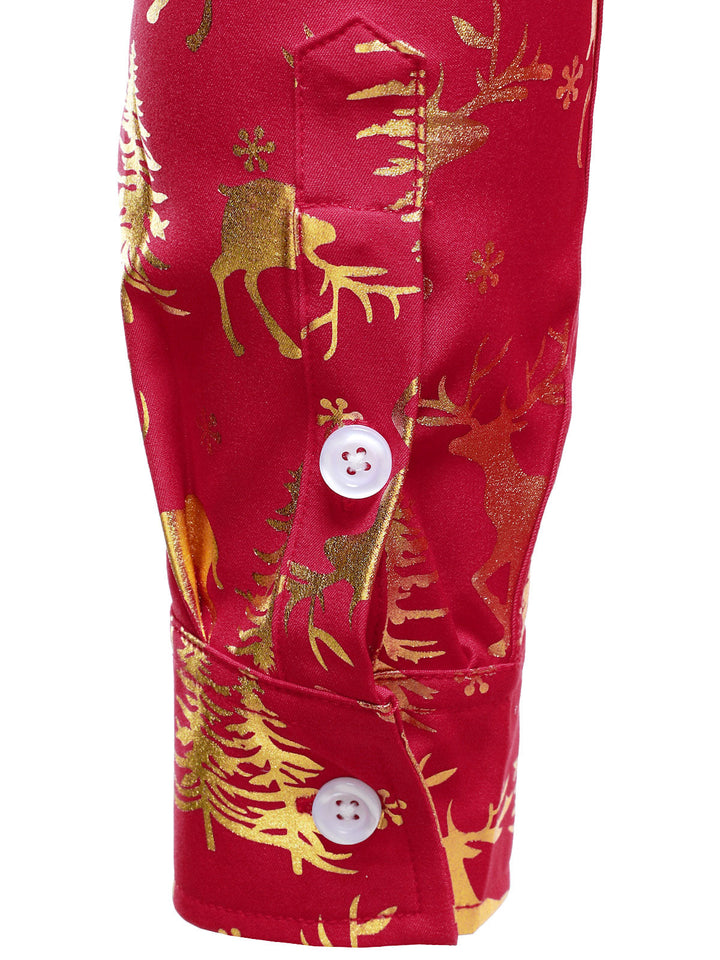 Mäns Gyldene Jul Ren Festlig Tryck Röd Långärmad Skjorta