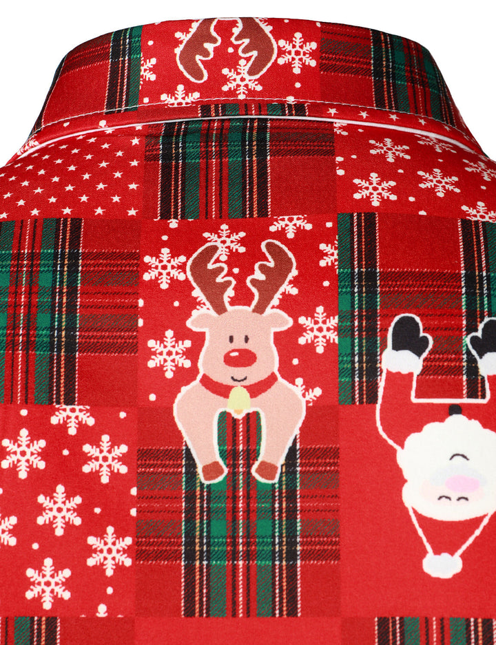 Mäns Vintage Röd Tartan Rolig Semester Grin Jul Långärmad Skjorta